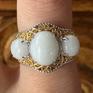 Three-Stone White Cabochon Filigree Ring in Gold & Silver Tones
